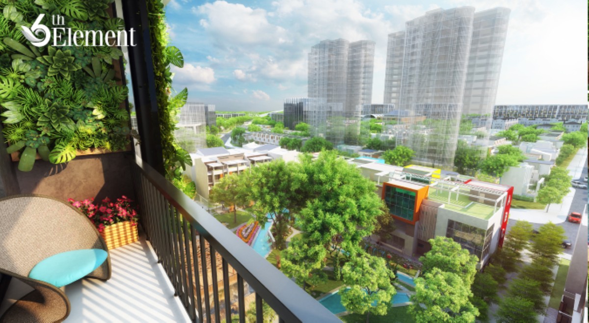 Không gian xanh mát từ cây xanh trong vườn nhiệt đới và suối vầy cung cấp tầm view tuyệt đẹp cho các chủ nhân căn hộ hướng ban công vào khu tiện ích khép kín.