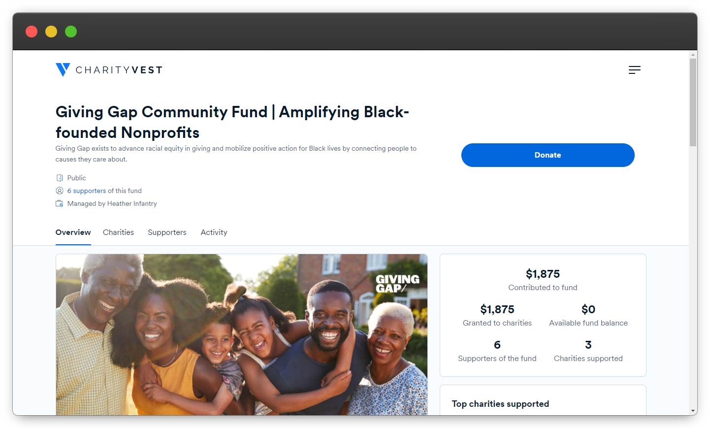 Screenshot of the Chairtyvest page that features the Giving Gap Community Fund.