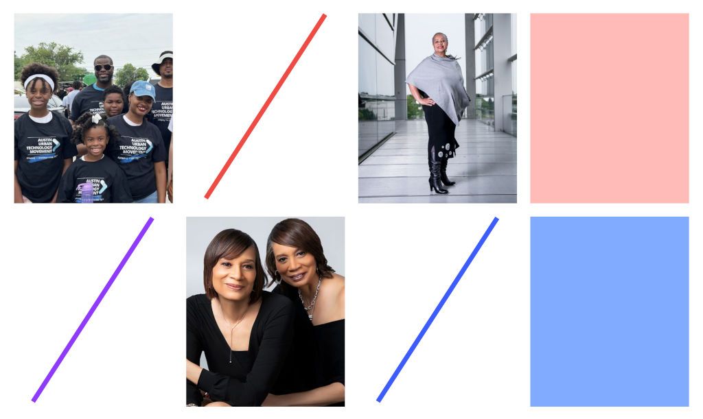 A graphic image taken directly from the upcoming report. A series of borderless rectangles, two rows of four rectangles, each with a different element. Elements include a group of Black volunteers, two Black women posing together, and Giving Gap colors of blue and pink.