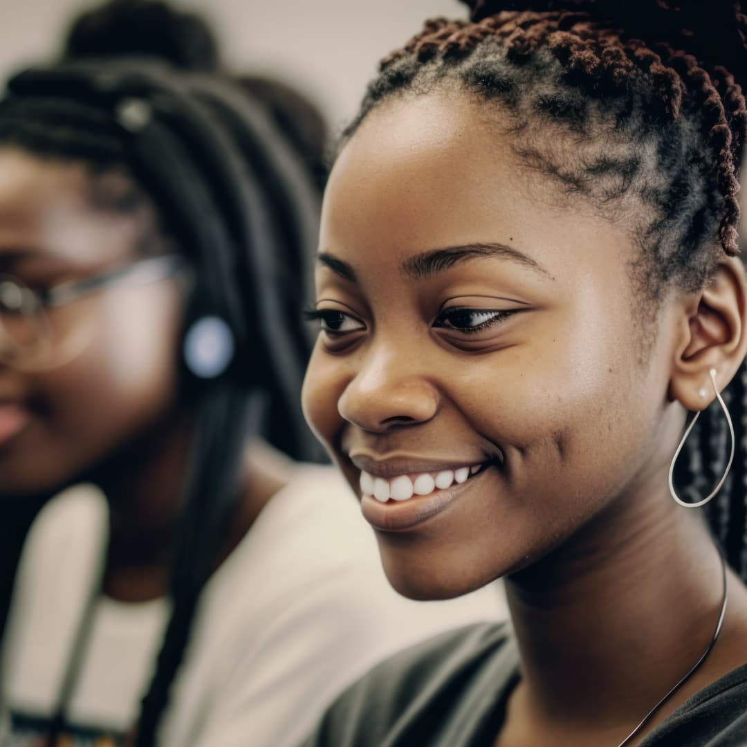 Two young Black women smile at something off camera. One woman is in focus. The other is out-of-focus.
