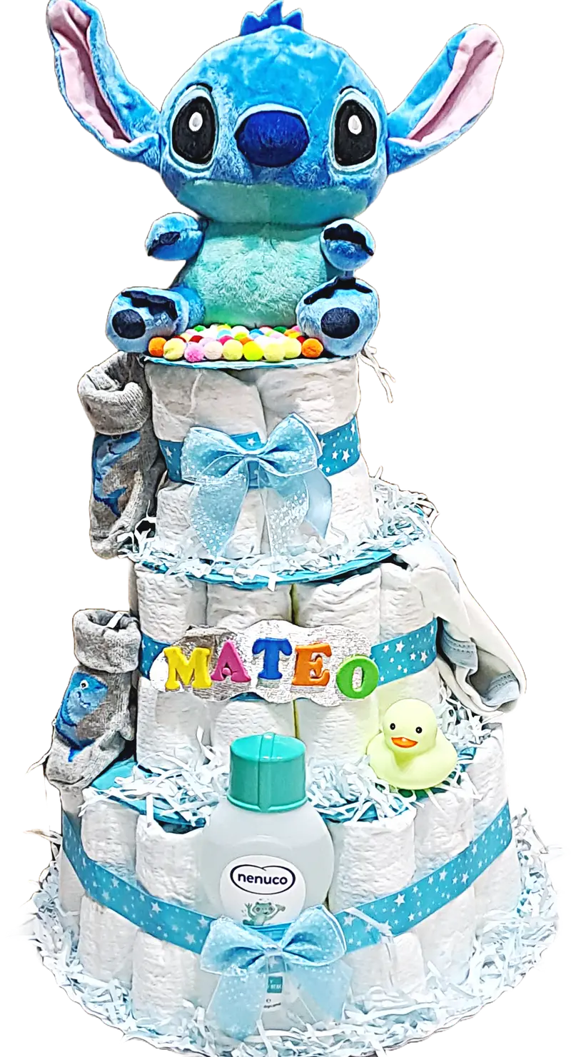 Tarta de pañales azul de 3 pisos temática Stitch. Regalo para niño con nombre Mateo, patito de goma y productos Nenuco.