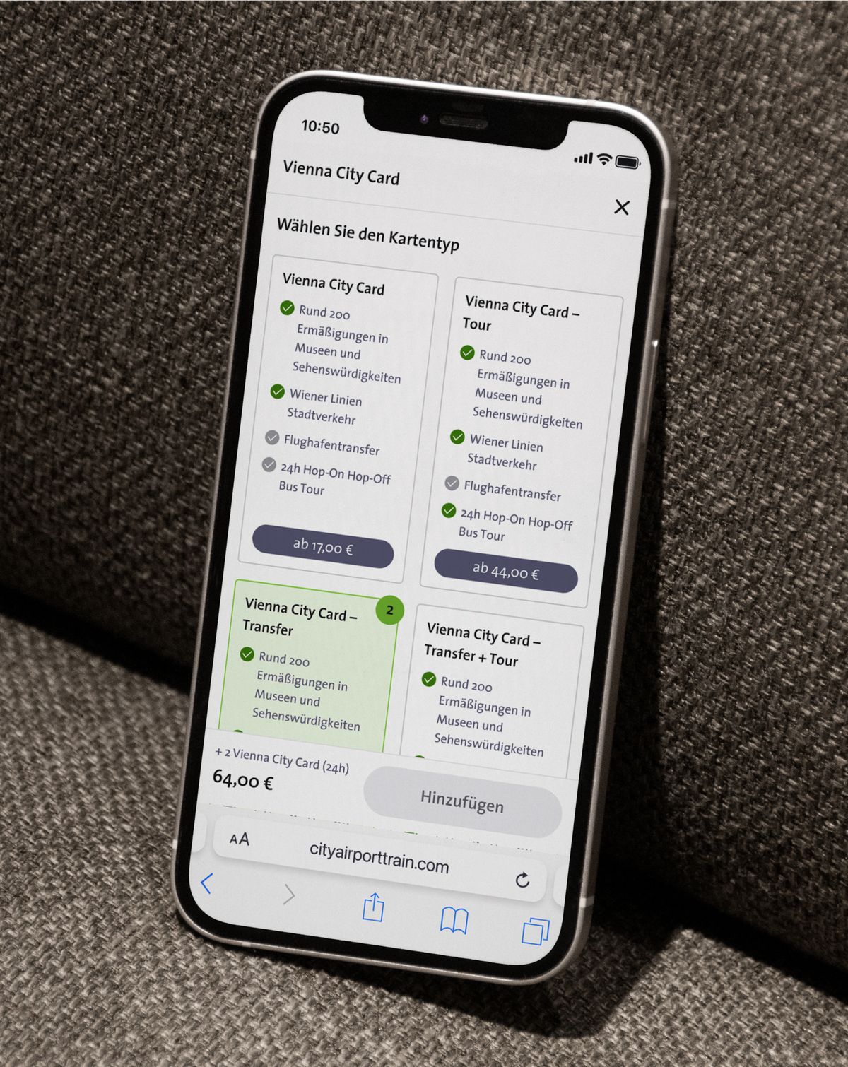 Übersicht von Ticketoptionen auf Mobile Mockup