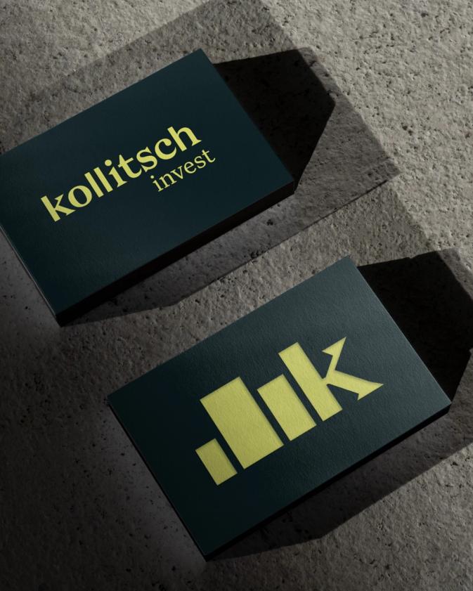 Nahaufnahme der Kollitsch Invest Branding-Visitenkarten