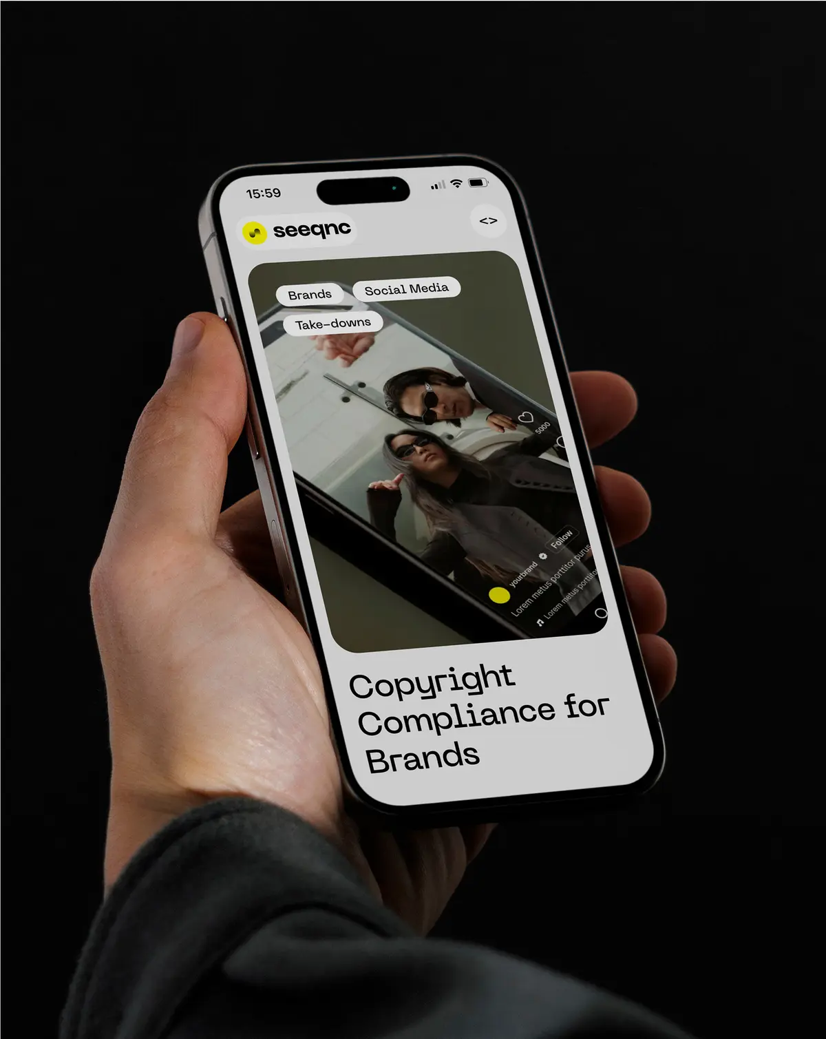 iPhone in hand shows homepage of Seeqnc