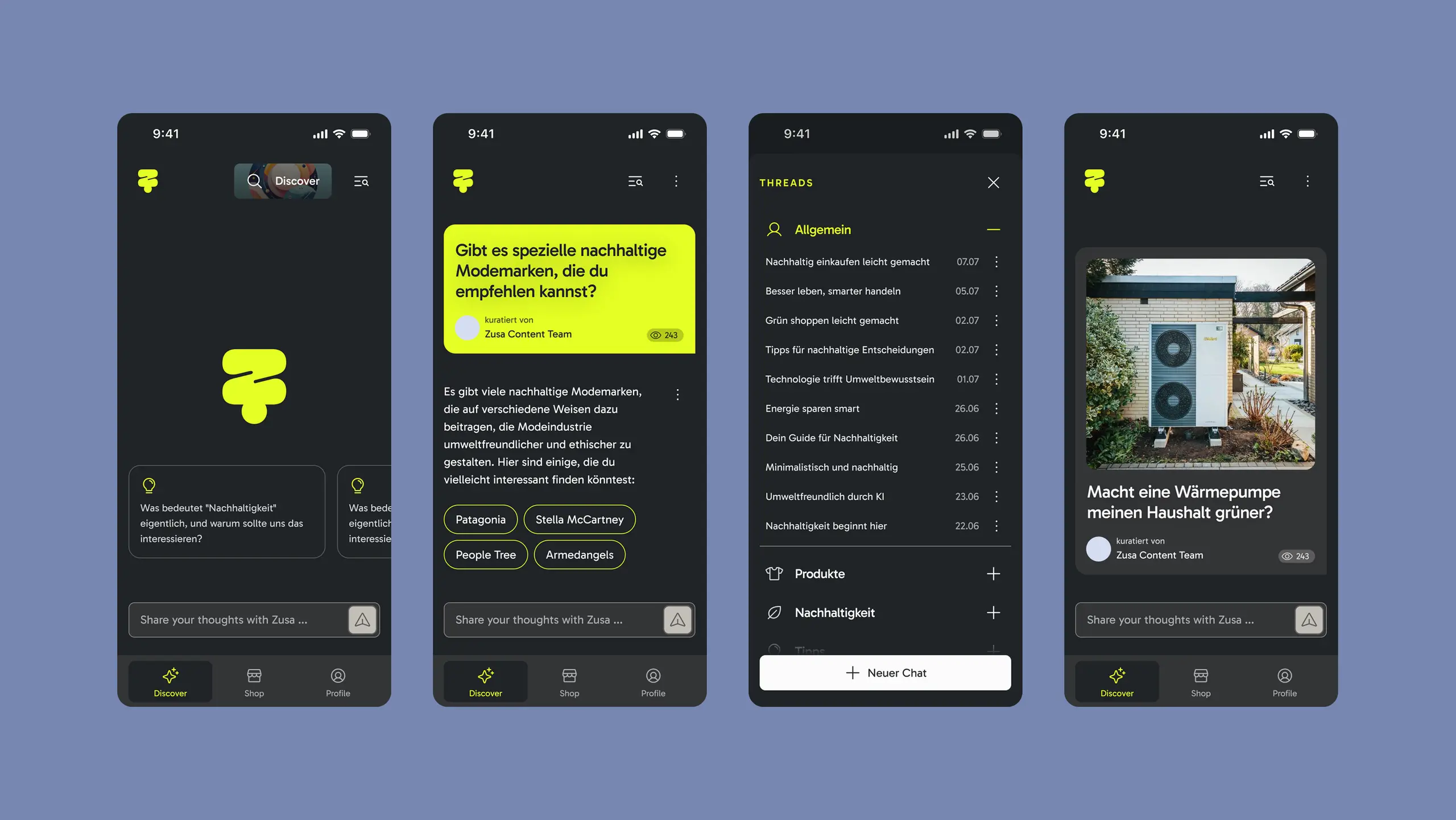 App-Screens im Darkmode mit verschiedenen Dialogansichten