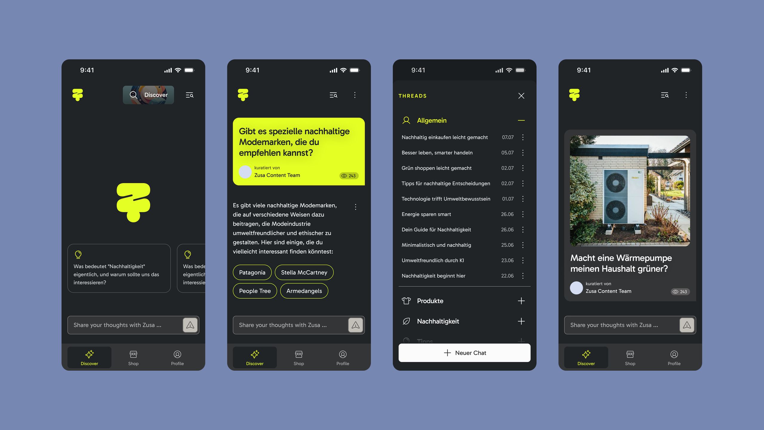App-Screens im Darkmode mit verschiedenen Dialogansichten