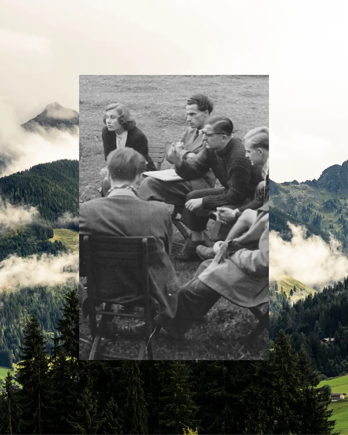 Analog photo of a group in the mountains during an exchange