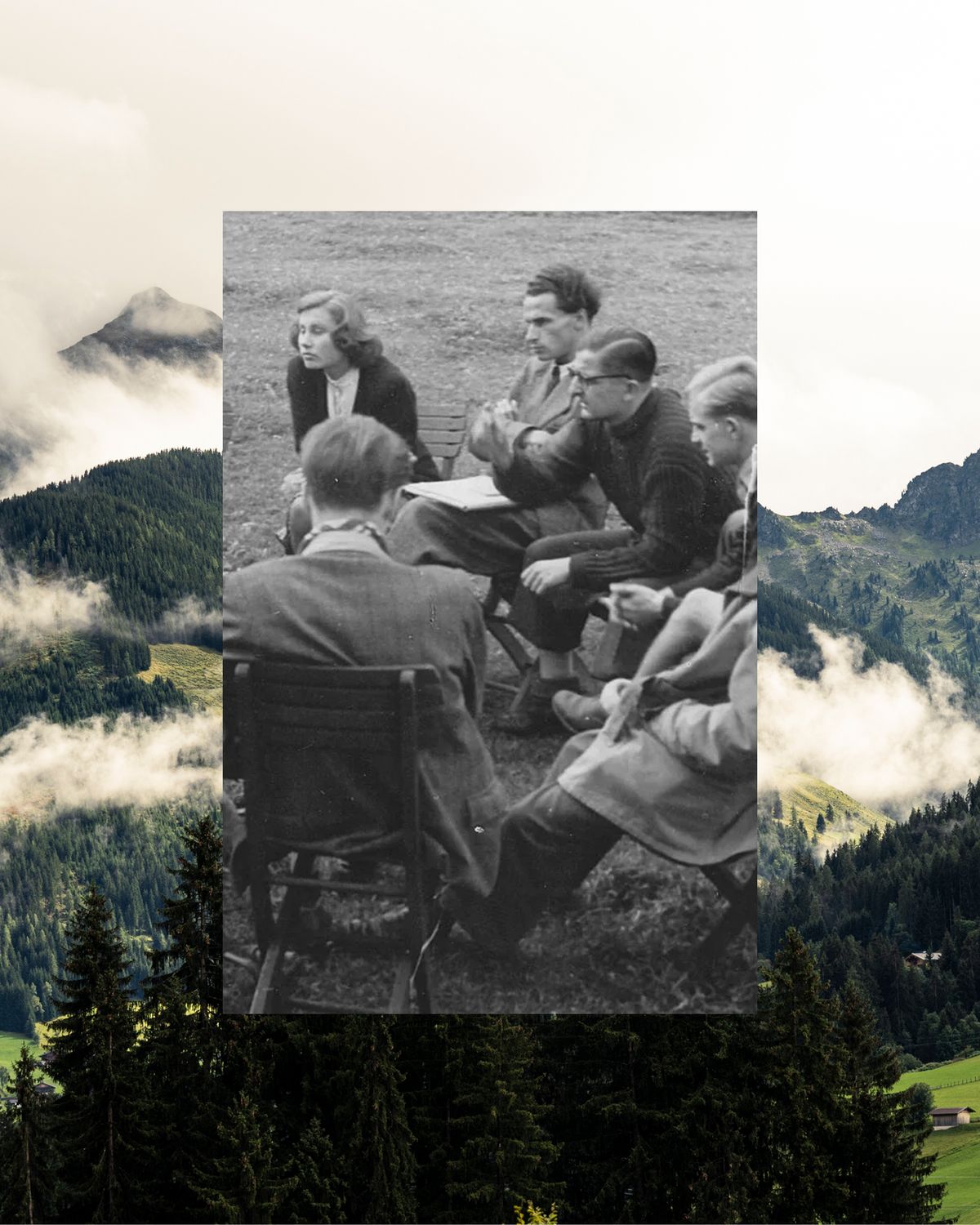 Analogfoto von Gruppe in den Bergen bei Austausch