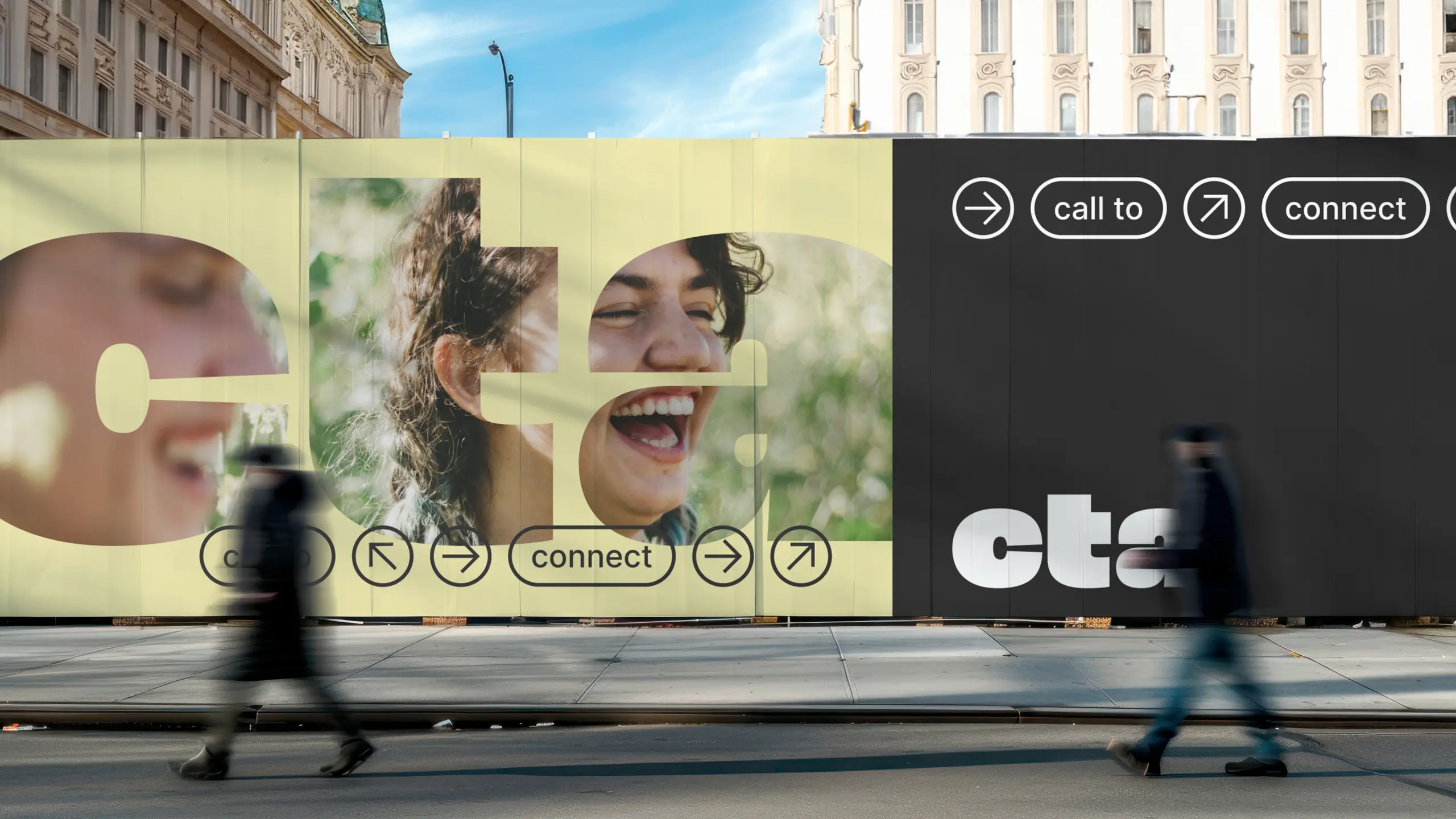 Straßenplakat mit Menschen, Icons und CTA-Markenbild