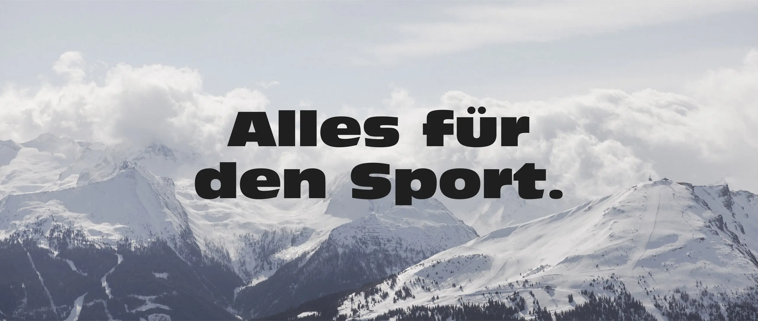 Bild von Gebirge und Markenclaim "Alles für den Sport" als Headline
