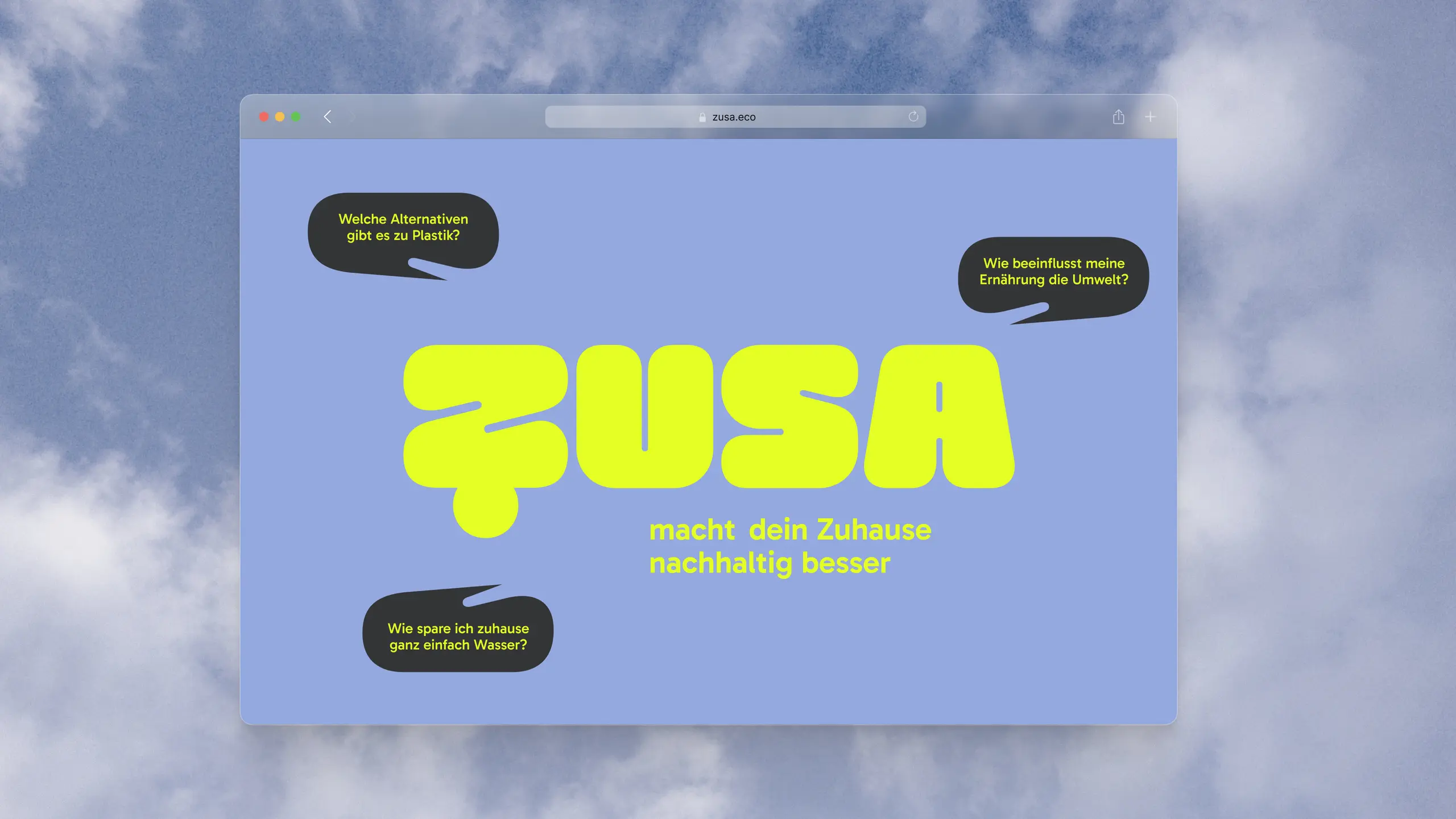 Zusa logo depicted on a web field between clouds