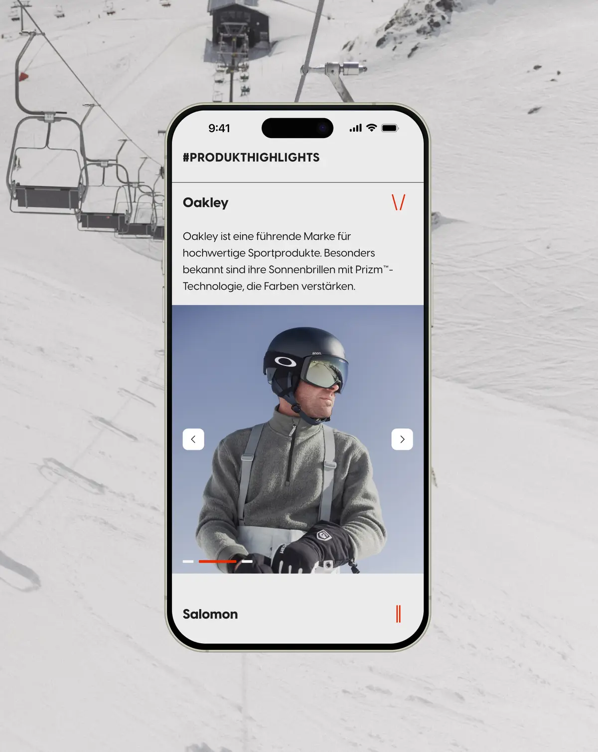 Smartphone zeigt Produktansicht mit Skibrille