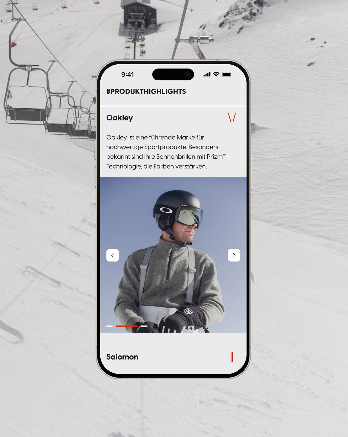 Smartphone zeigt Produktansicht mit Skibrille