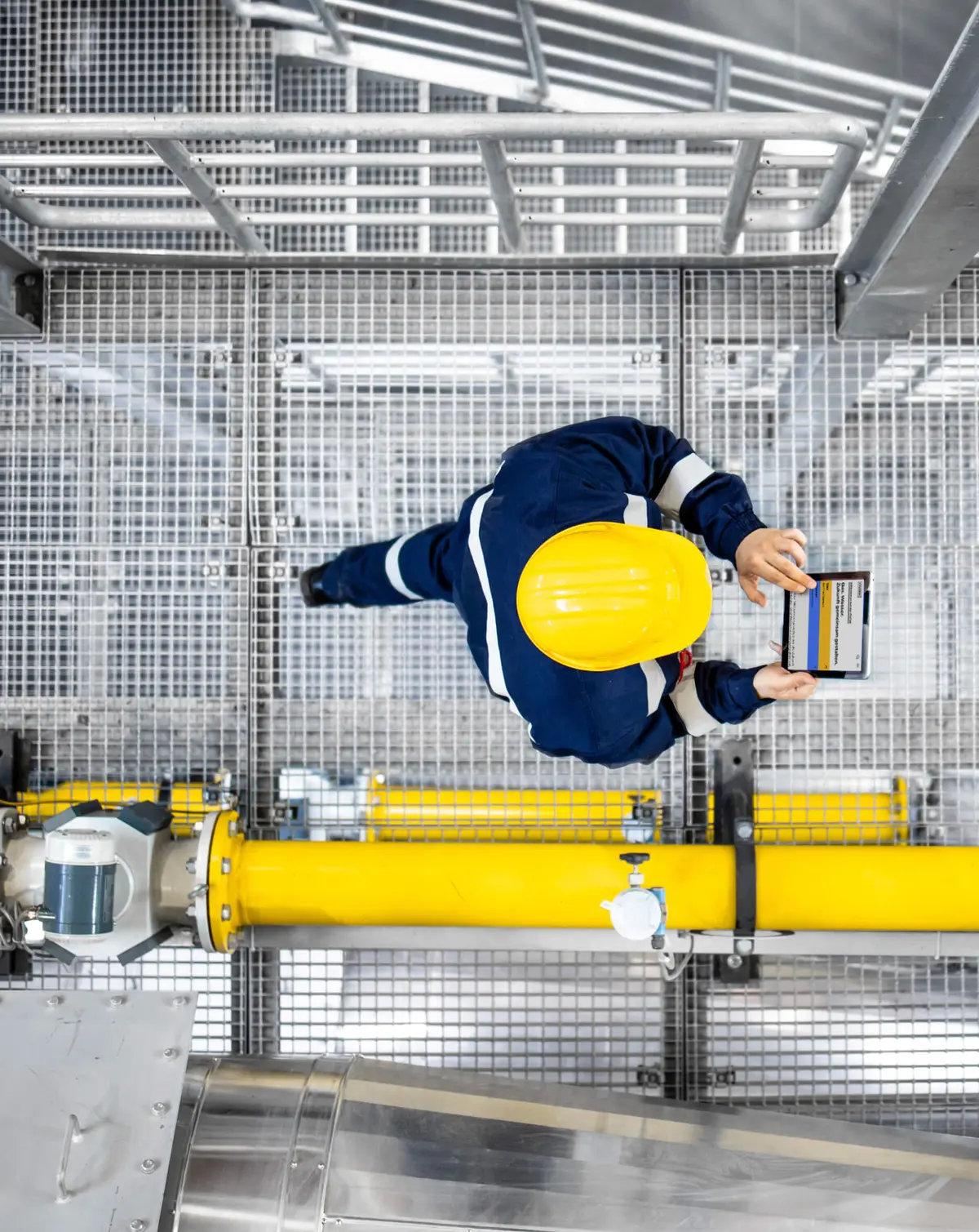 Ein Techniker mit Schutzhelm und Arbeitskleidung steht auf einem Gitterrost