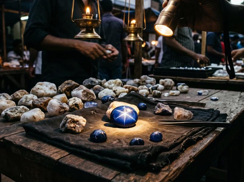 Blue star sapphire cabochons and rough stones on a dealer's cloth at a Sri Lankan gem market, torch light revealing a six-ray star