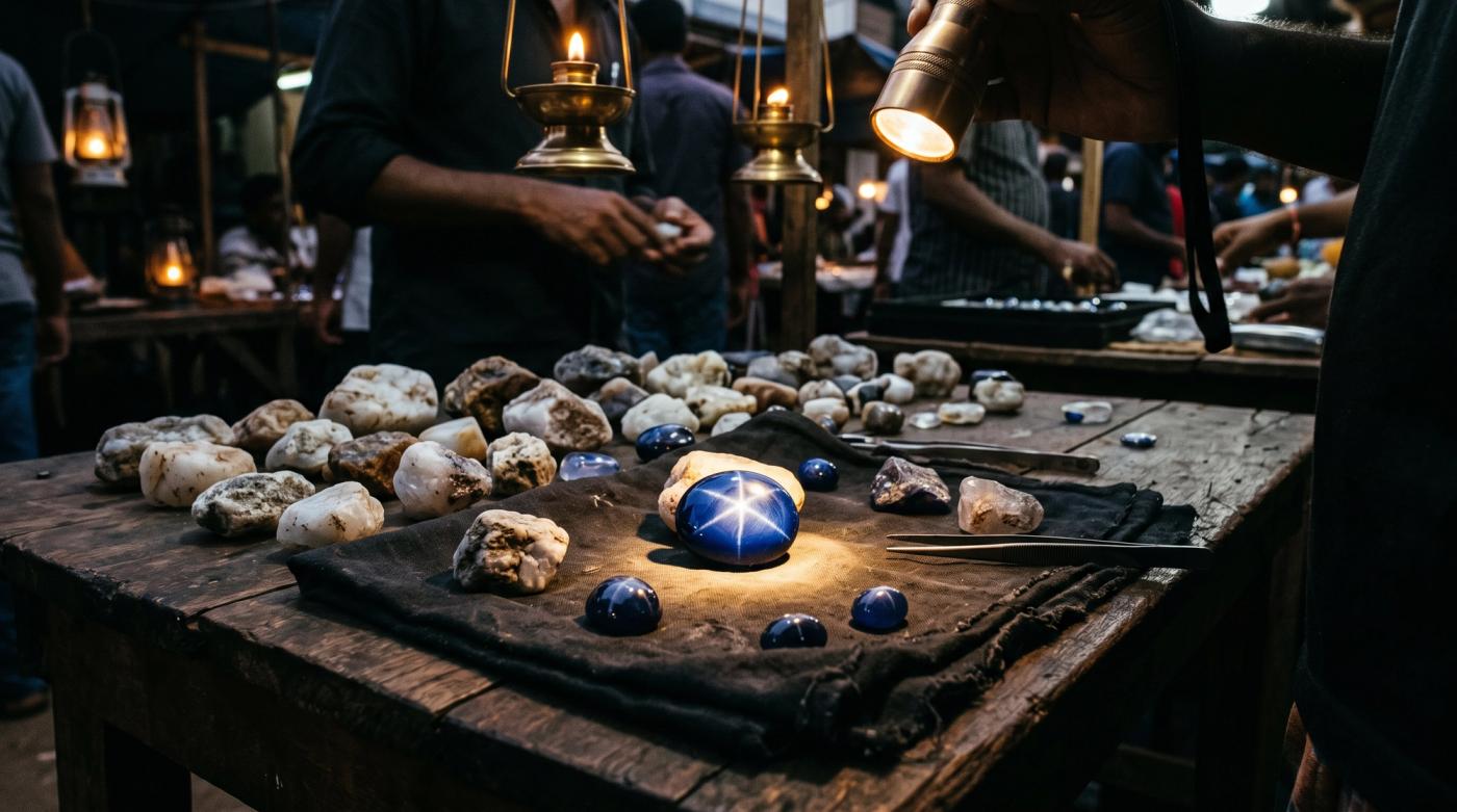 Blue star sapphire cabochons and rough stones on a dealer's cloth at a Sri Lankan gem market, torch light revealing a six-ray star
