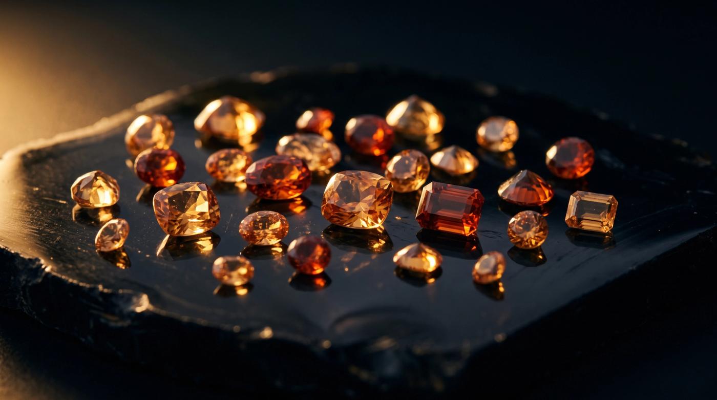 Atmospheric gold-and-obsidian artwork in honey-cinnamon hessonite garnet tones, evoking Sri Lanka's Ceylon gem trade