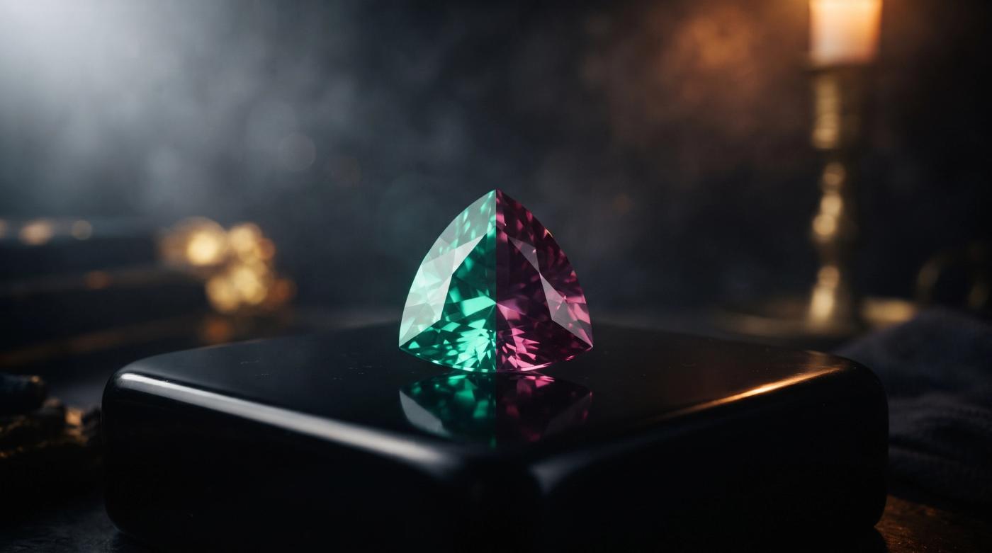 Moody alexandrite gemstone art showing green-to-red colour shift, illustrating the real vs fake alexandrite check