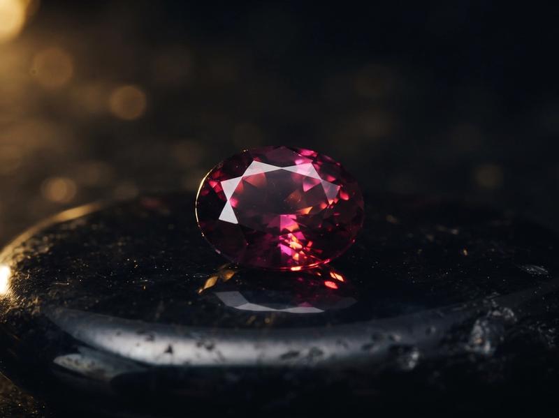 Faceted raspberry-purple rhodolite garnet on dark obsidian stone, showing the colour and clarity that drive rhodolite garnet value