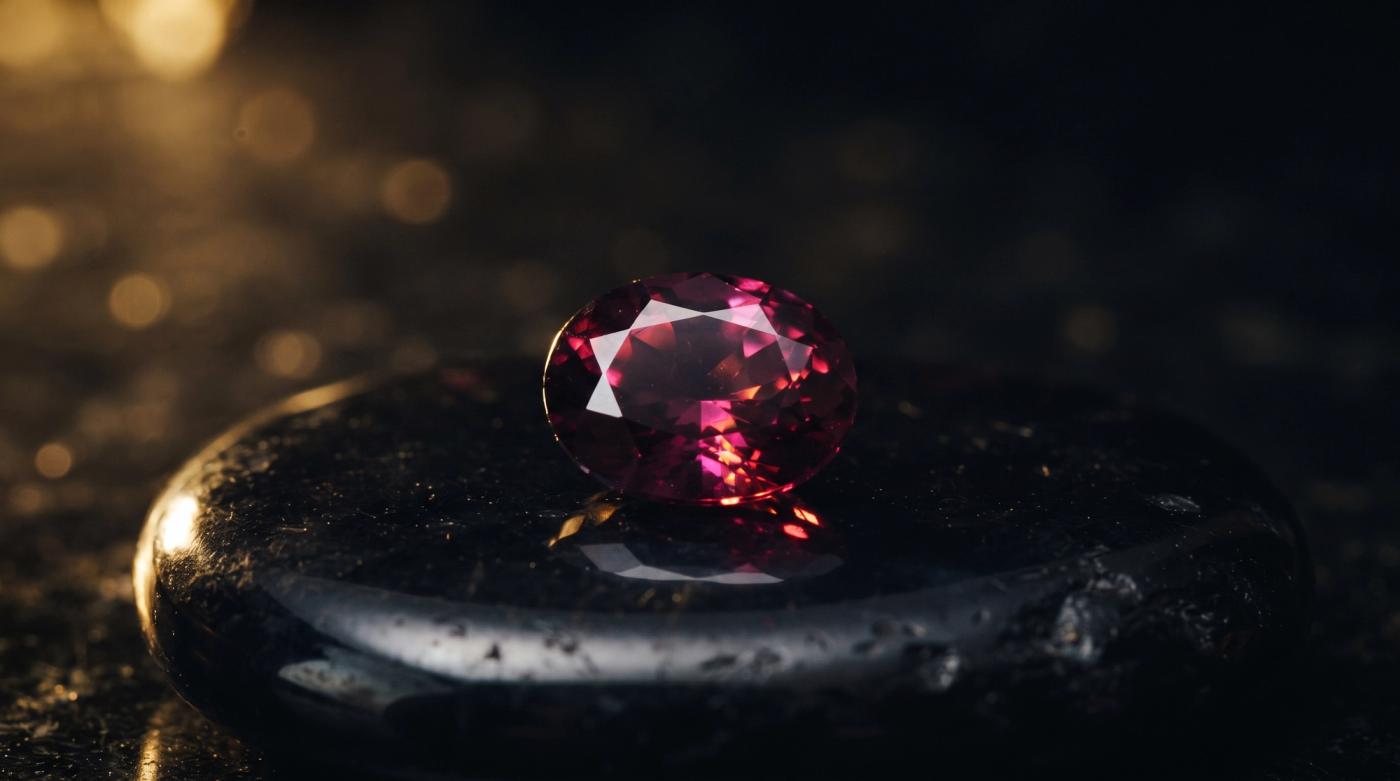 Faceted raspberry-purple rhodolite garnet on dark obsidian stone, showing the colour and clarity that drive rhodolite garnet value