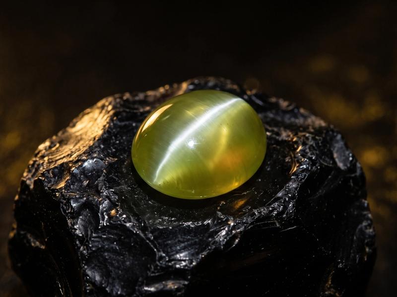 Greenish-gold chrysoberyl cat's eye cabochon with a sharp light band, resting on dark obsidian