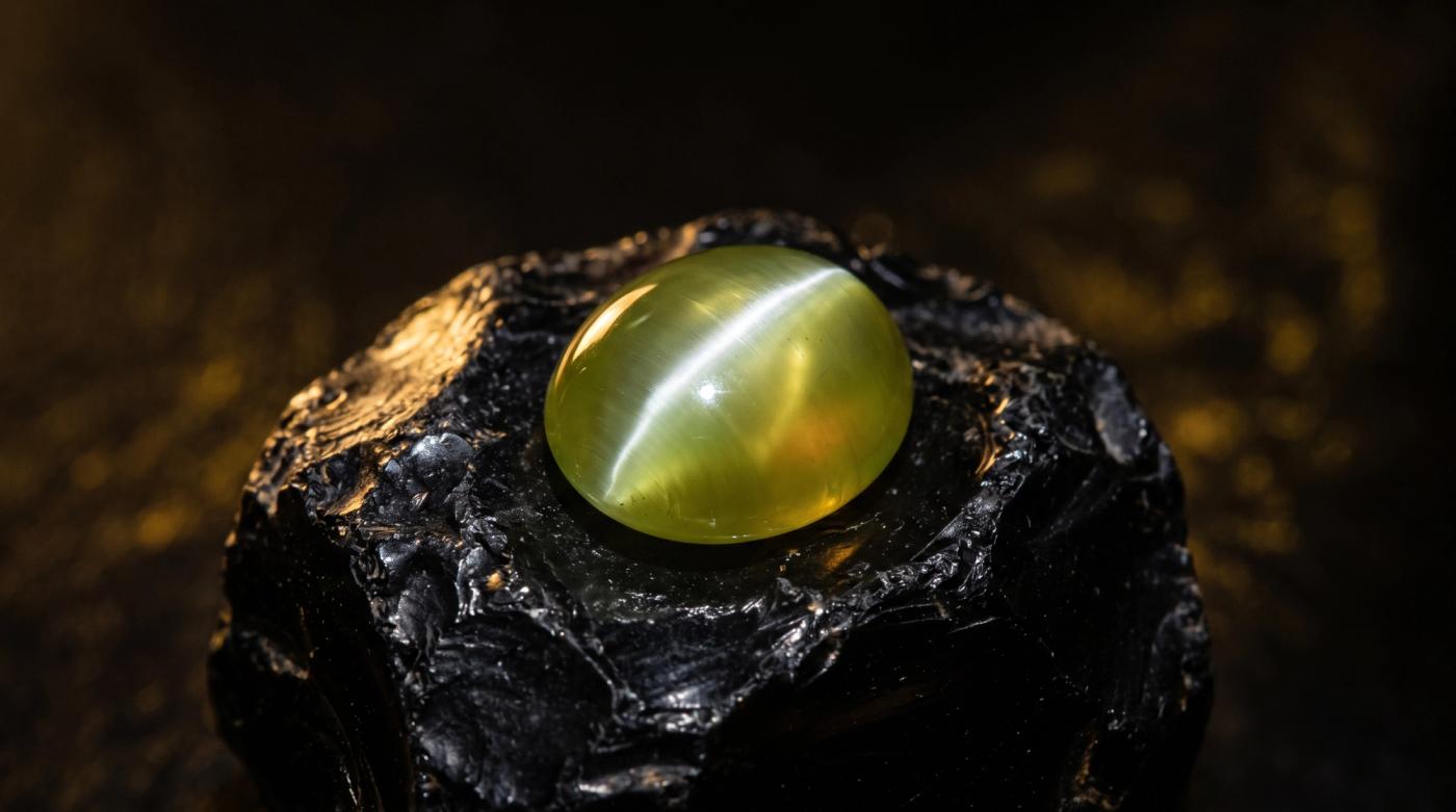 Greenish-gold chrysoberyl cat's eye cabochon with a sharp light band, resting on dark obsidian