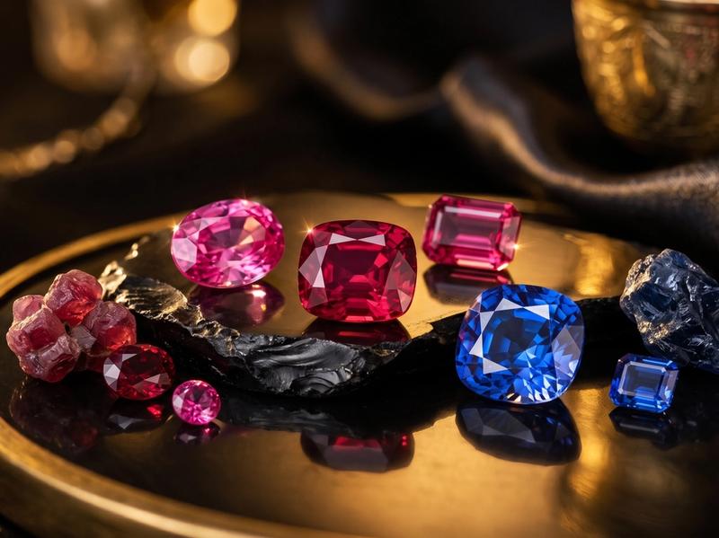 Rough Ceylon spinel crystals on white paper with faceted red and blue stones in warm gold light