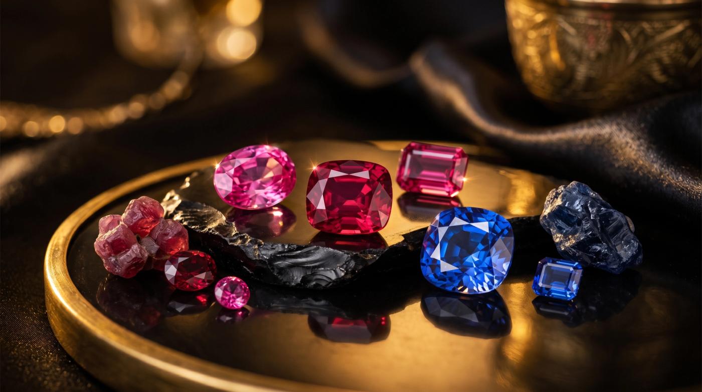 Rough Ceylon spinel crystals on white paper with faceted red and blue stones in warm gold light