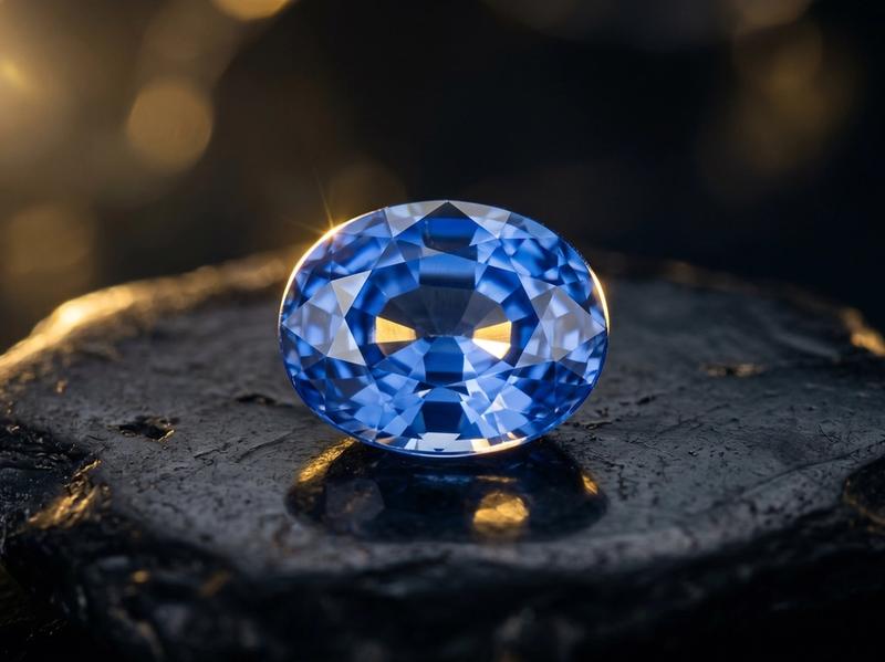 Polished natural Ceylon blue sapphire from Sri Lanka, cornflower-blue gemstone under soft light