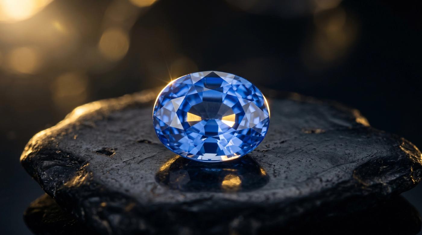 Polished natural Ceylon blue sapphire from Sri Lanka, cornflower-blue gemstone under soft light