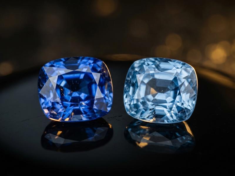 Two Ceylon blue sapphires side by side — one heated, one unheated — showing the colour difference before and after heat treatment
