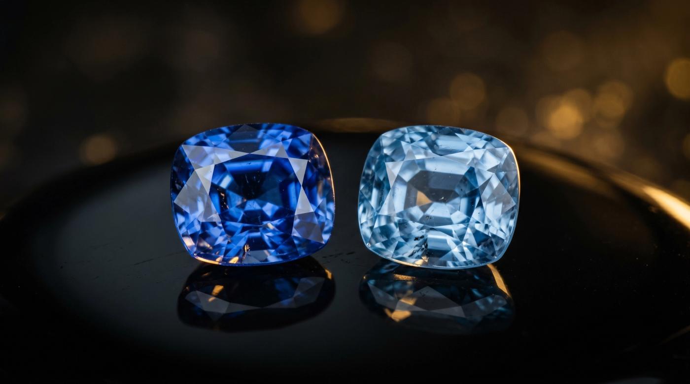 Two Ceylon blue sapphires side by side — one heated, one unheated — showing the colour difference before and after heat treatment