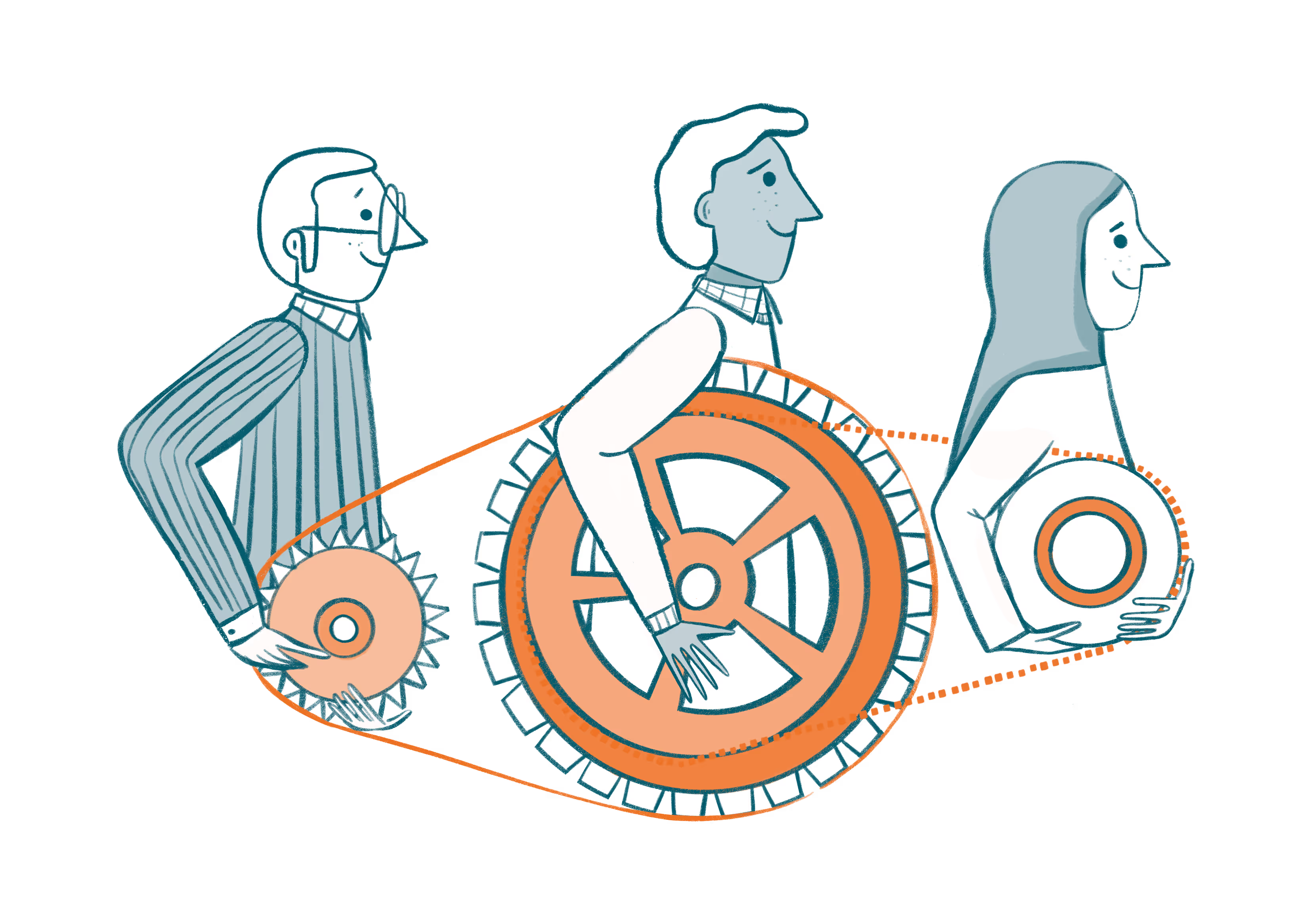 Illustration of three people turning connected gears