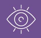 White eye icon with rays on purple background symbolizing visibility or vision.