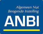 Blue square with white text 'Algemeen Nut Beogende Instelling ANBI' and a yellow underline beneath ANBI.