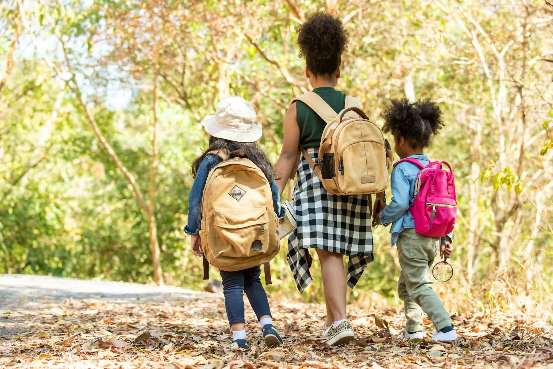 Three children with backpacks walking along a woodland path