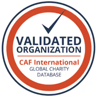 Badge with a checkmark and text reading Validated Organization, CAF International Global Charity Database.