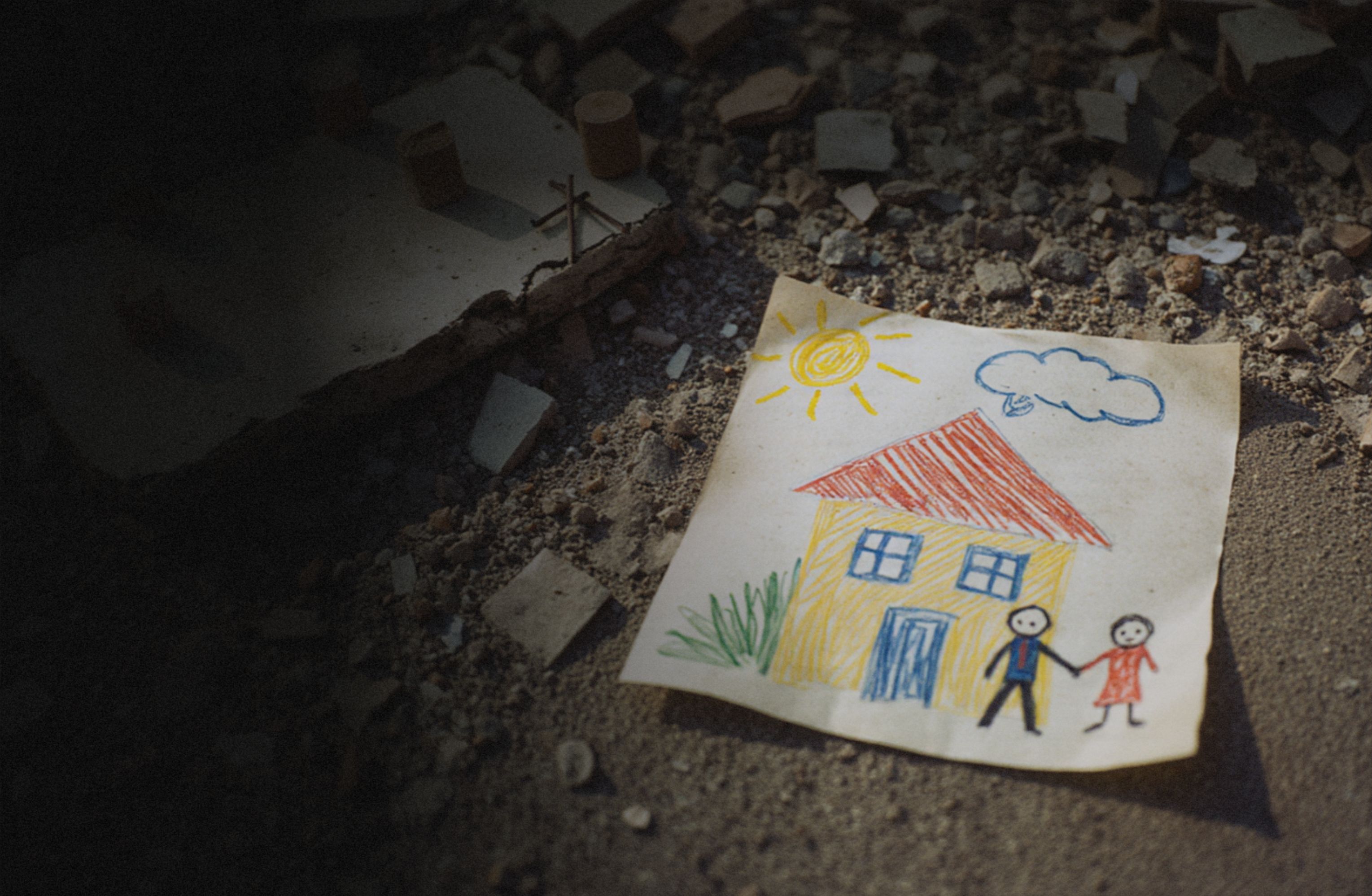 Child's drawing of a house and family lying among rubble