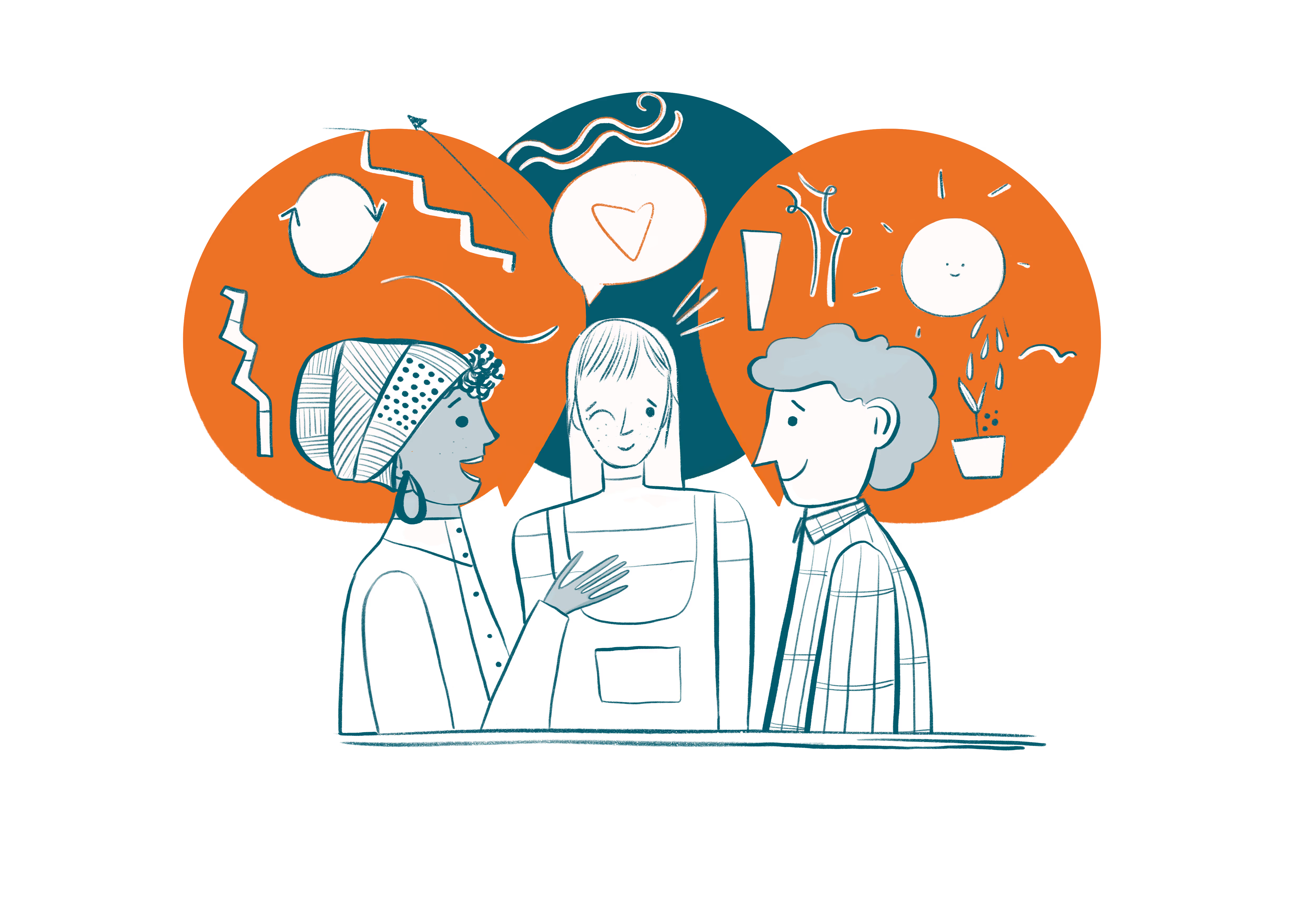 Illustration of three people sharing ideas in speech bubbles