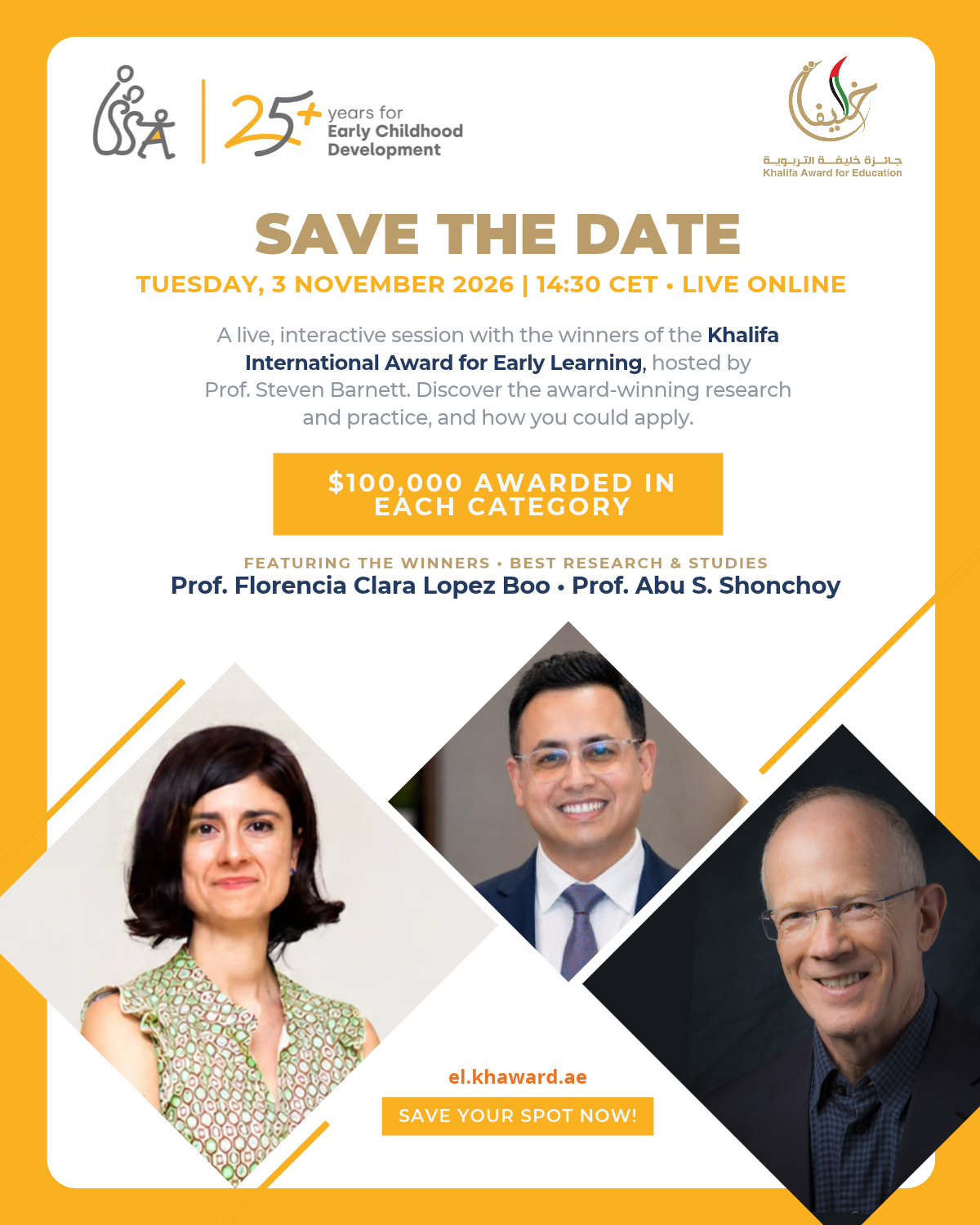 Save the date - Khalifa International Award for Early Learning live session, 3 November 2026