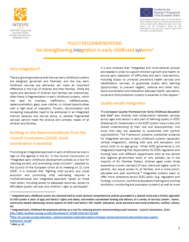 Policy recommendations for strengthening integration in early childhood systems