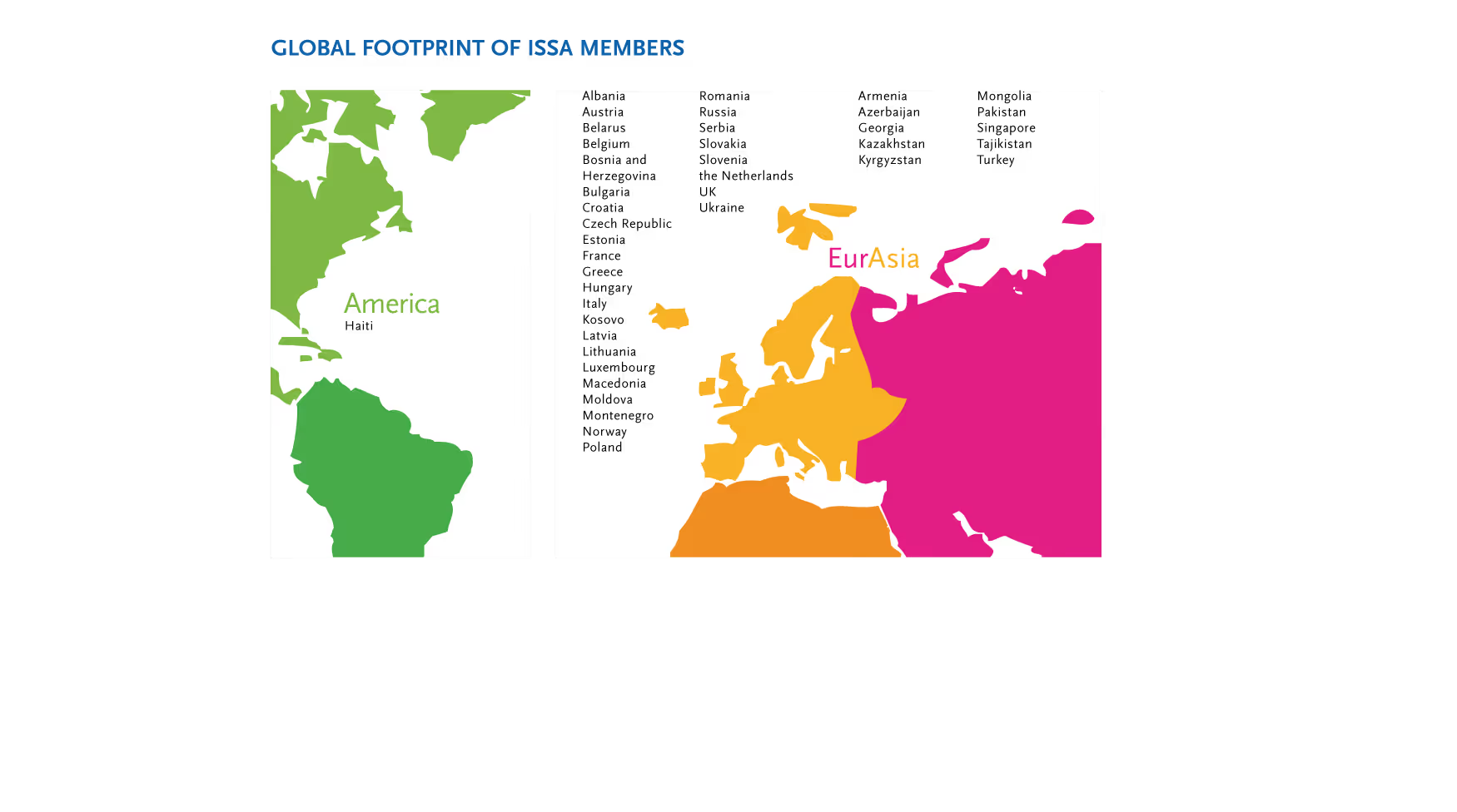 Map titled 'Global Footprint of ISSA Members' showing member countries in America highlighted in green with Haiti labeled, and member countries in Eurasia highlighted in orange and pink with a list of countries including Albania, Austria, Armenia, Mongolia, and others.