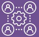 Icon showing four user symbols connected around a central gear representing network and collaboration.
