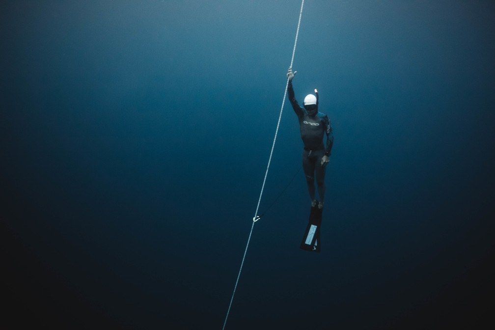 Ken Kiriyama, Japanese Champion free diver enjoying a free dive at Soneva Fushi Resort, Maldives