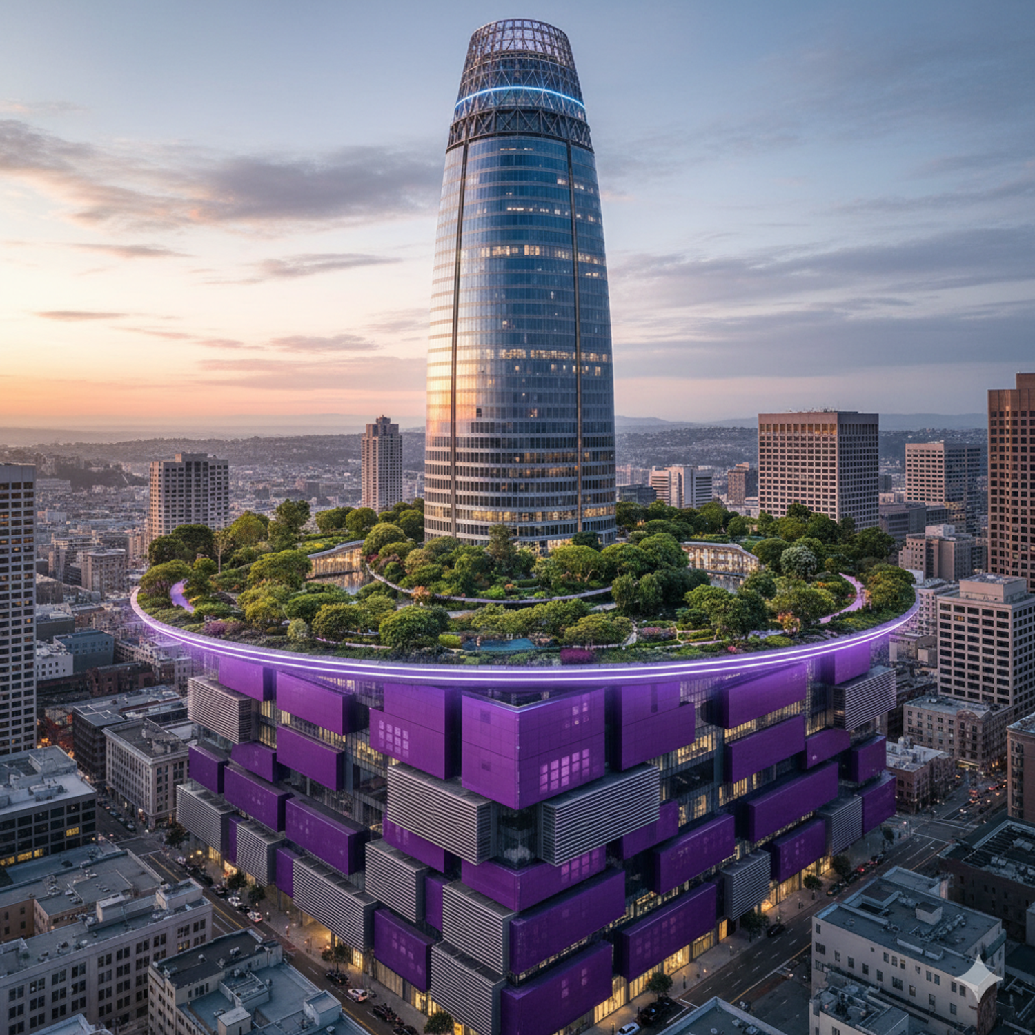 Salesforce tower with simulated Heroku-themed architectural expansions