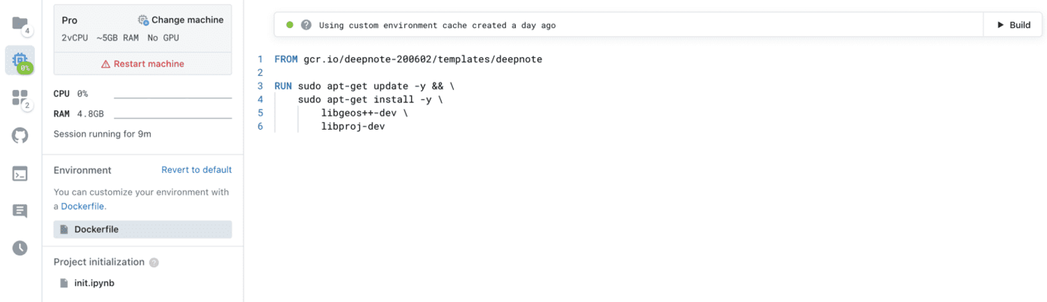 A screenshot of the direct configuration of a Dockerfile in Deepnote [Image by Author]