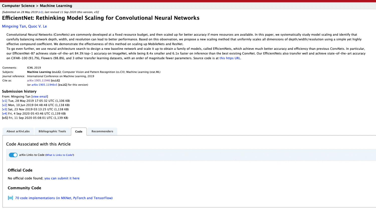 A preview of the EfficientNet arXiv page with links to Papers with Code.