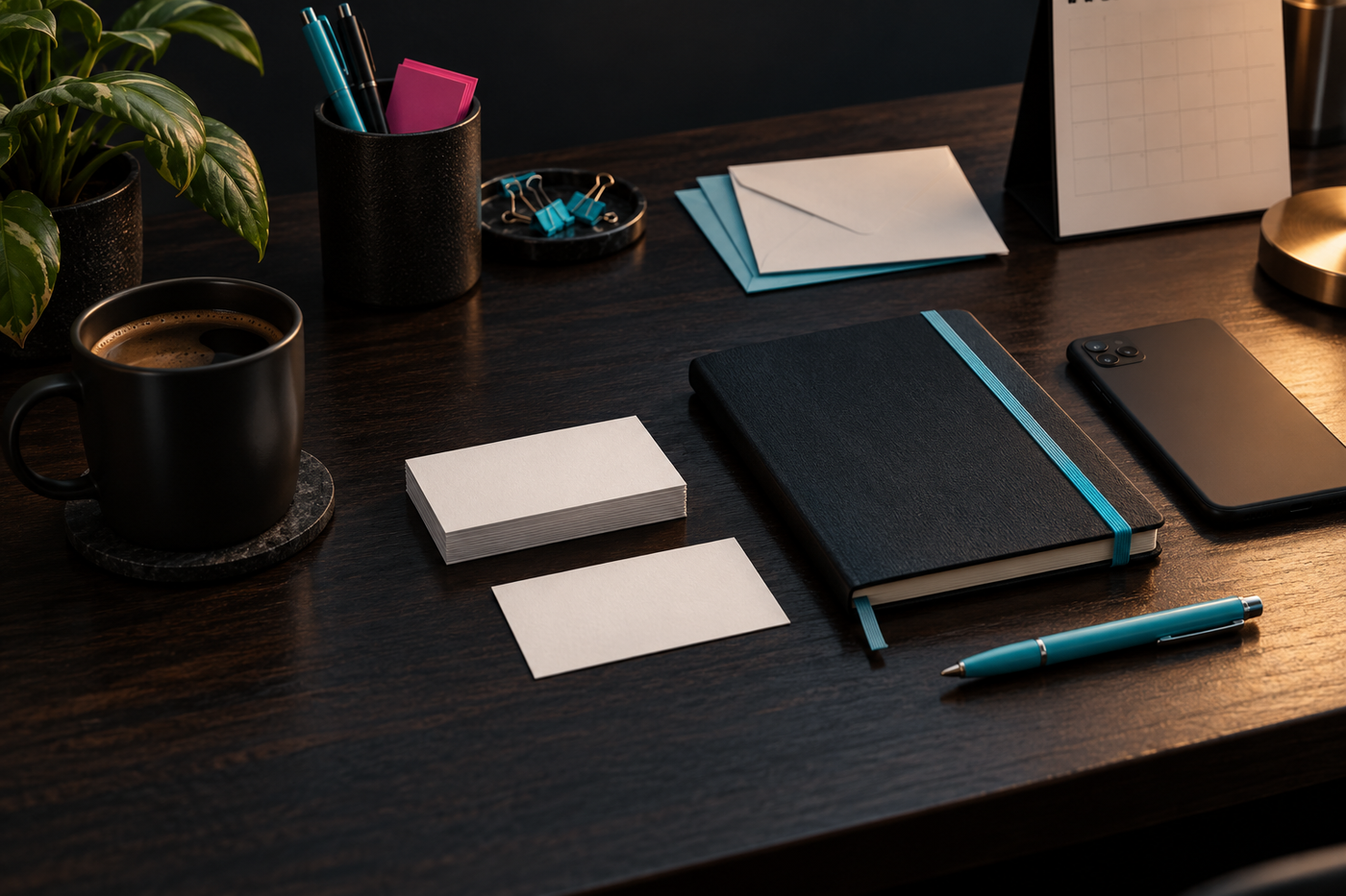 Contact cards, notebook and envelopes for sales follow-up