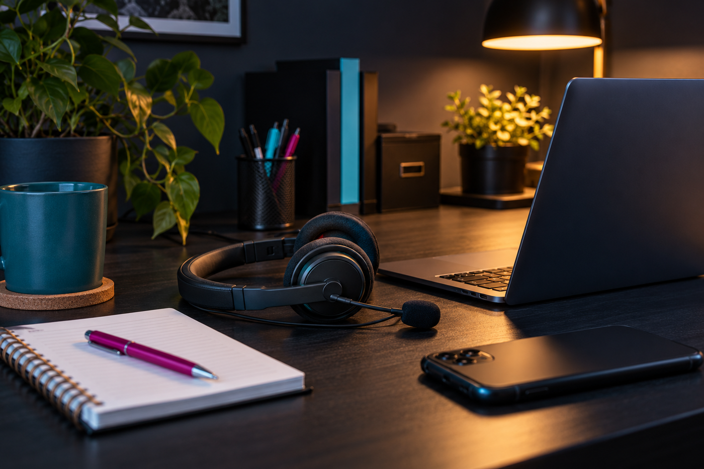 Headset and laptop on a practical customer support desk