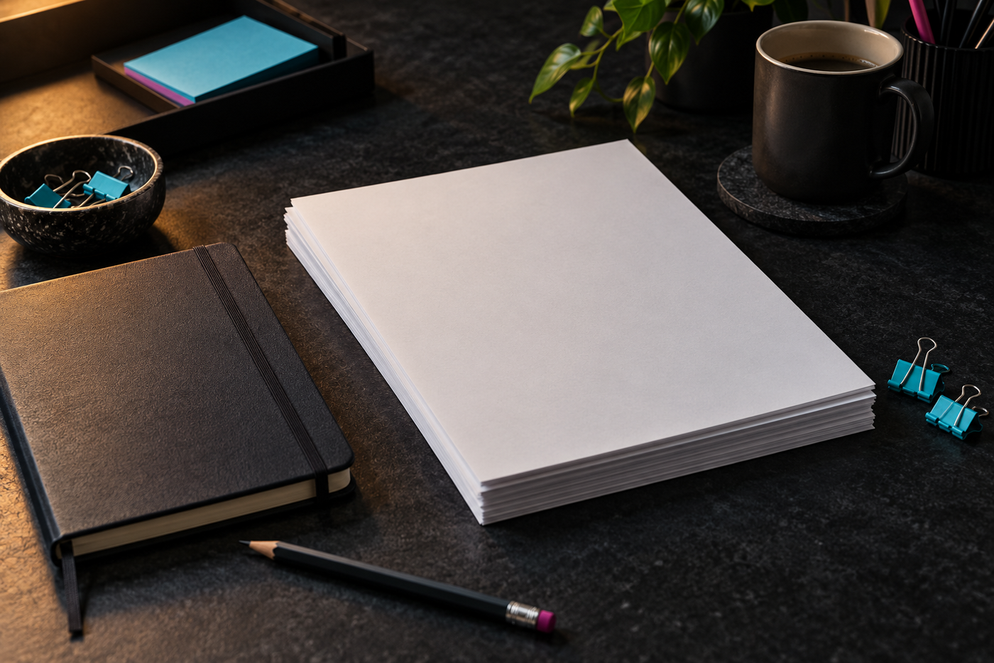Paper documents and notebook arranged for policy review